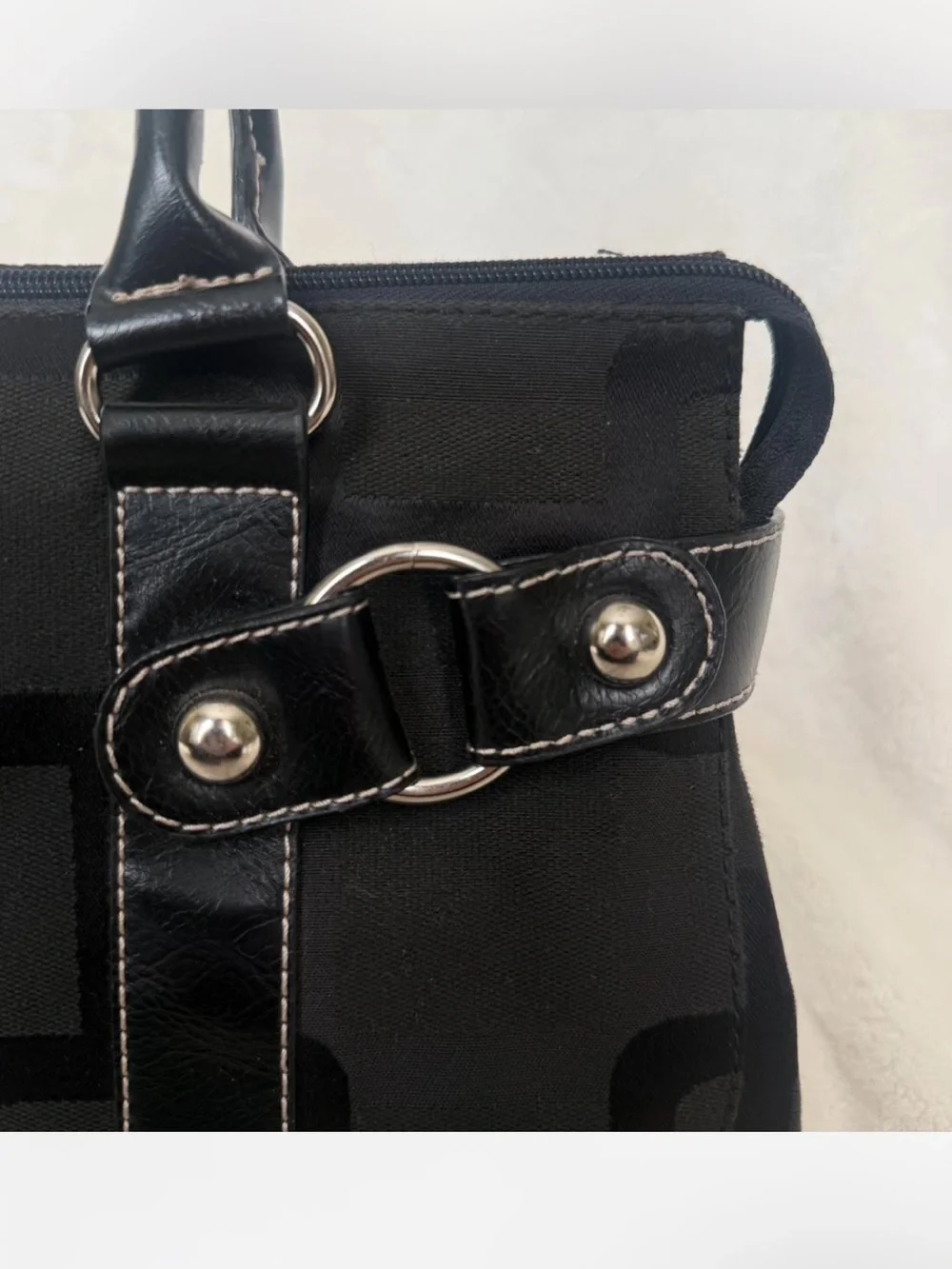 Vintage Nine West Black Leather Trim City/Office Bag w/ Silver Hardware